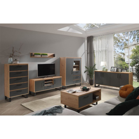 Komoda NW 9 system Newada 140 cm dąb artisan antracyt  długa z szufladami